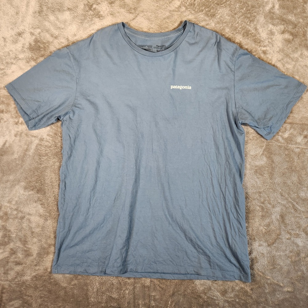 Patagonia T-Shirt Men Large P-6 Logo Responsibili-Tee Blue Organic Cotton EUC